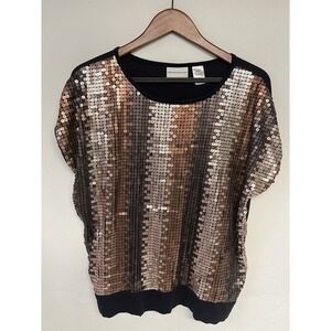 Vintage Sequin Top Blouse Shirt Brown Black SZ Petite Large‎